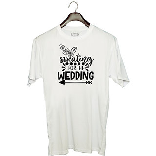                       UDNAG Unisex Round Neck Graphic 'Wedding | Sweating for the weddingg' Polyester T-Shirt White                                              
