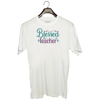                       UDNAG Unisex Round Neck Graphic 'Teacher | blessed teacher.' Polyester T-Shirt White                                              