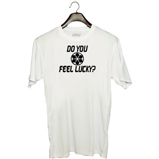                       UDNAG Unisex Round Neck Graphic 'Lucky | do you feel lucky-' Polyester T-Shirt White                                              