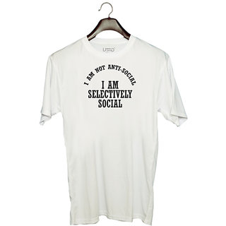                       UDNAG Unisex Round Neck Graphic 'Social | I AM NOT ANTI-SOCIAL I AM SELECTIVELY SOCIAL' Polyester T-Shirt White                                              