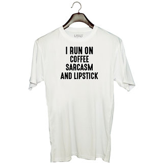                       UDNAG Unisex Round Neck Graphic 'Makeup | I RUN ON COFFEE SARCASM AND LIPSTICK' Polyester T-Shirt White                                              