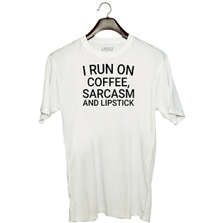                       UDNAG Unisex Round Neck Graphic 'Makeup | i run on coffee sarcasm' Polyester T-Shirt White                                              