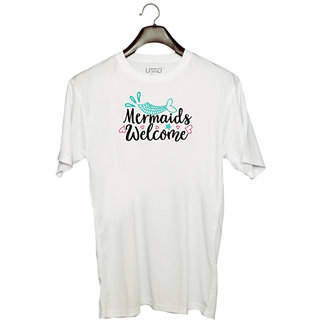                       UDNAG Unisex Round Neck Graphic 'Mermaid | Mermaids Welcome' Polyester T-Shirt White                                              