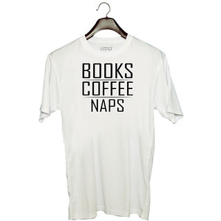                       UDNAG Unisex Round Neck Graphic 'Books | BOOKS COFFEE NAPS' Polyester T-Shirt White                                              