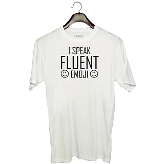                       UDNAG Unisex Round Neck Graphic 'Emoji | I SPEAK FLUENT emoji' Polyester T-Shirt White                                              