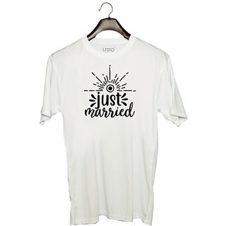                       UDNAG Unisex Round Neck Graphic 'Couple | Just' Polyester T-Shirt White                                              