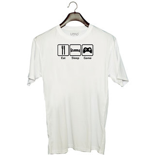                       UDNAG Unisex Round Neck Graphic 'Life | eat sleep game' Polyester T-Shirt White                                              