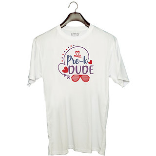                       UDNAG Unisex Round Neck Graphic 'Dude | pre-k dude' Polyester T-Shirt White                                              