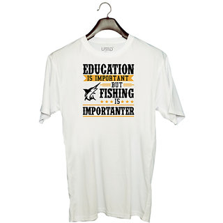                       UDNAG Unisex Round Neck Graphic 'Fishing | EDUCATION IS IMPORTANT.' Polyester T-Shirt White                                              