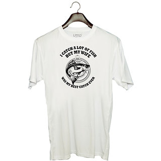                      UDNAG Unisex Round Neck Graphic 'Fishing | I CATCH A LOT OF FISH' Polyester T-Shirt White                                              