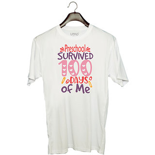                       UDNAG Unisex Round Neck Graphic 'School | Preschool Grade survived 100 days of me' Polyester T-Shirt White                                              