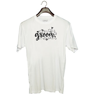                       UDNAG Unisex Round Neck Graphic 'Groom | Groom' Polyester T-Shirt White                                              