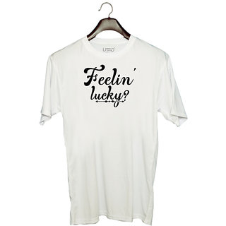                       UDNAG Unisex Round Neck Graphic 'Lucky | Feelin' lucky-' Polyester T-Shirt White                                              