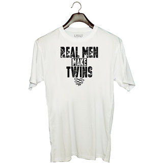                       UDNAG Unisex Round Neck Graphic 'Twins | REAL MEN MAKE TWINS' Polyester T-Shirt White                                              