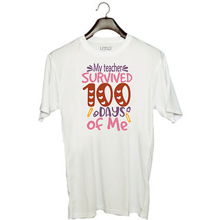                       UDNAG Unisex Round Neck Graphic 'Student | My teacher Grade survived 100 days of me' Polyester T-Shirt White                                              