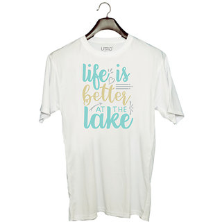                       UDNAG Unisex Round Neck Graphic 'Lake | life is better at the lake' Polyester T-Shirt White                                              