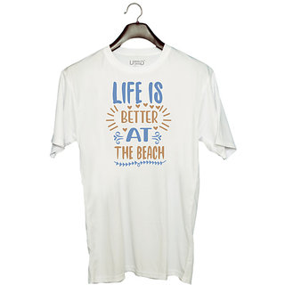                       UDNAG Unisex Round Neck Graphic 'Beach | Life is better at' Polyester T-Shirt White                                              