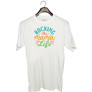                       UDNAG Unisex Round Neck Graphic 'Mother | rocking the mama life' Polyester T-Shirt White                                              