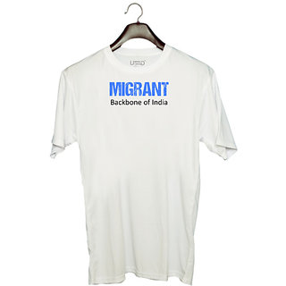                       UDNAG Unisex Round Neck Graphic 'Migrant | Backbone of India' Polyester T-Shirt White                                              