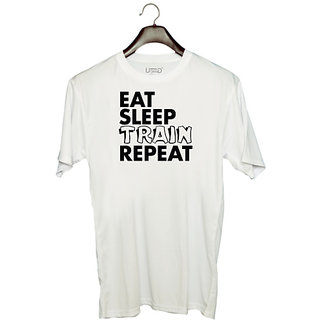                       UDNAG Unisex Round Neck Graphic 'Train, gym | eat sleep train repeat 2' Polyester T-Shirt White                                              