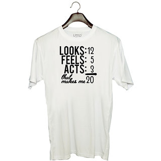                       UDNAG Unisex Round Neck Graphic 'Age | Looks-12 feels 5 acts 3' Polyester T-Shirt White                                              