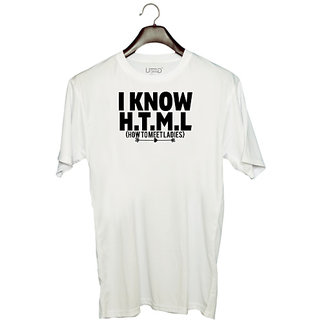                       UDNAG Unisex Round Neck Graphic 'HTML | i know h.t.m' Polyester T-Shirt White                                              