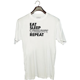                       UDNAG Unisex Round Neck Graphic 'Workout, Gym | eat sleep workout repeat 2' Polyester T-Shirt White                                              