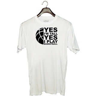                       UDNAG Unisex Round Neck Graphic 'Basketball | Yes I'm Tall Yes I Play' Polyester T-Shirt White                                              