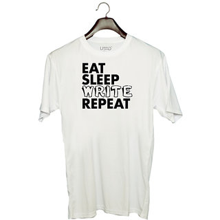                       UDNAG Unisex Round Neck Graphic 'Write | eat sleep write repeat' Polyester T-Shirt White                                              
