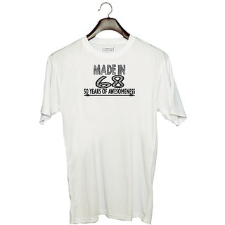                       UDNAG Unisex Round Neck Graphic 'Awesomeness | made in 68' Polyester T-Shirt White                                              