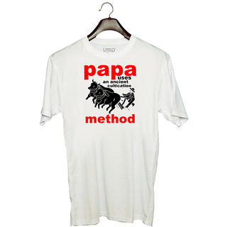                       UDNAG Unisex Round Neck Graphic 'Father | PAPA USES an ancient' Polyester T-Shirt White                                              