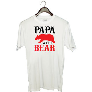                       UDNAG Unisex Round Neck Graphic 'Father | PAPA WITH BEAR_' Polyester T-Shirt White                                              