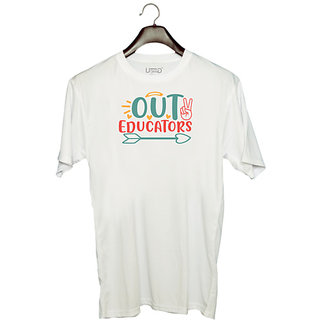                       UDNAG Unisex Round Neck Graphic 'School | peace out educators' Polyester T-Shirt White                                              