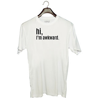                       UDNAG Unisex Round Neck Graphic 'Awkward | Hi, i am awkward' Polyester T-Shirt White                                              