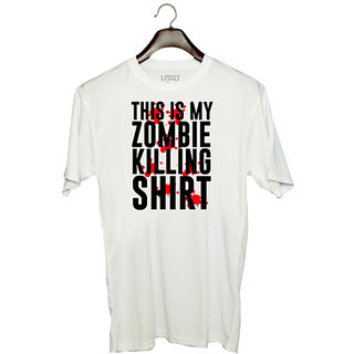                       UDNAG Unisex Round Neck Graphic 'Zombie Shirt | THIS IS MY ZOMBIE KILLING SHIRT' Polyester T-Shirt White                                              