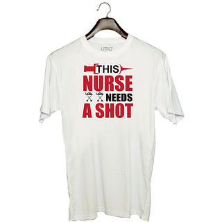                       UDNAG Unisex Round Neck Graphic 'Nurse | This nurse needs A shot' Polyester T-Shirt White                                              