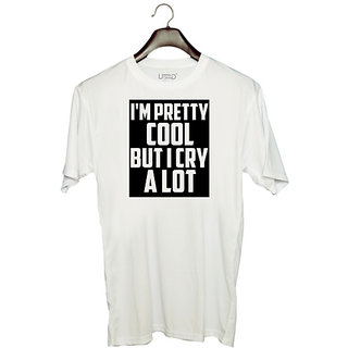                       UDNAG Unisex Round Neck Graphic 'Pretty Cool | I am pretty coll but i cry a lot' Polyester T-Shirt White                                              