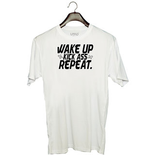                       UDNAG Unisex Round Neck Graphic 'Wakeup | wake up kick ass repeat' Polyester T-Shirt White                                              