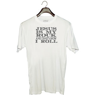                       UDNAG Unisex Round Neck Graphic 'my rock and thats how I roll' Polyester T-Shirt White                                              