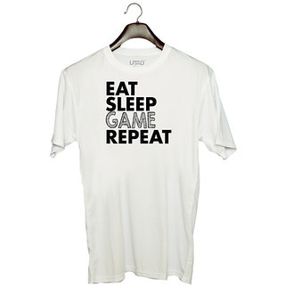                       UDNAG Unisex Round Neck Graphic 'Game | eat sleep game repeat' Polyester T-Shirt White                                              