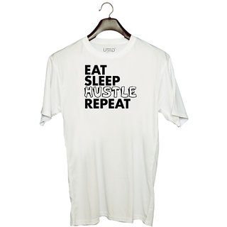                       UDNAG Unisex Round Neck Graphic 'Hustle | eat sleep hustle repeat 2' Polyester T-Shirt White                                              