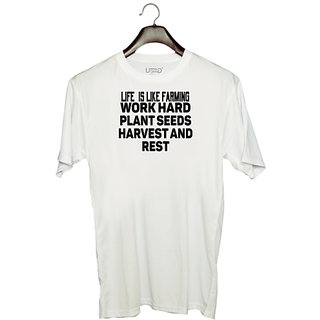                       UDNAG Unisex Round Neck Graphic 'Life, farming | life is like farming work hard' Polyester T-Shirt White                                              