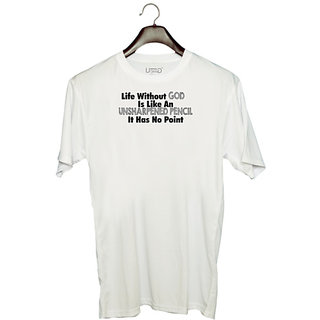                       UDNAG Unisex Round Neck Graphic '| life without  is like an unsharped Pencil' Polyester T-Shirt White                                              