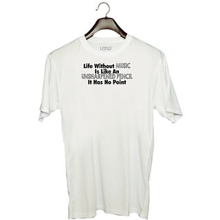                       UDNAG Unisex Round Neck Graphic 'Music | life without music' Polyester T-Shirt White                                              