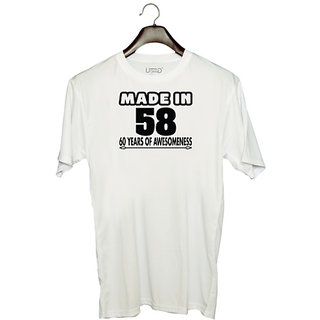                       UDNAG Unisex Round Neck Graphic 'Awesomeness | made in 58' Polyester T-Shirt White                                              