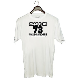                       UDNAG Unisex Round Neck Graphic 'Awesomeness | made in 73' Polyester T-Shirt White                                              