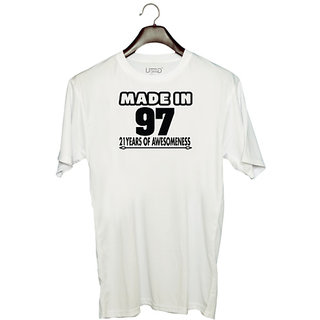                       UDNAG Unisex Round Neck Graphic 'Awesomeness | made in 98' Polyester T-Shirt White                                              