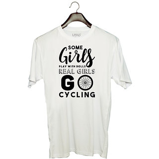                       UDNAG Unisex Round Neck Graphic 'Cycling | Some Girls Playing with Dolls' Polyester T-Shirt White                                              