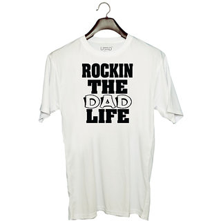                       UDNAG Unisex Round Neck Graphic 'Papa | rockin the dad life' Polyester T-Shirt White                                              