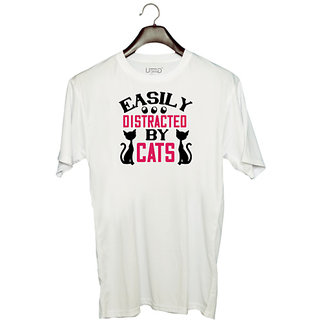                       UDNAG Unisex Round Neck Graphic 'Cat | easily distracted by cats 1' Polyester T-Shirt White                                              